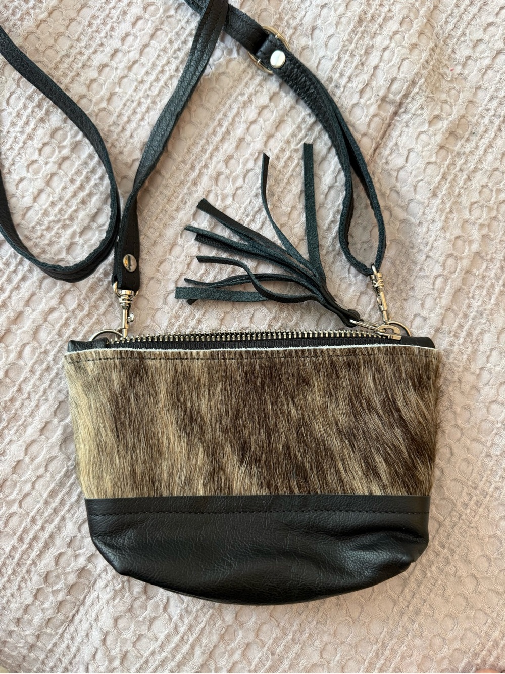 Black & Brown Haircalf Crossbody Bag with Tassel